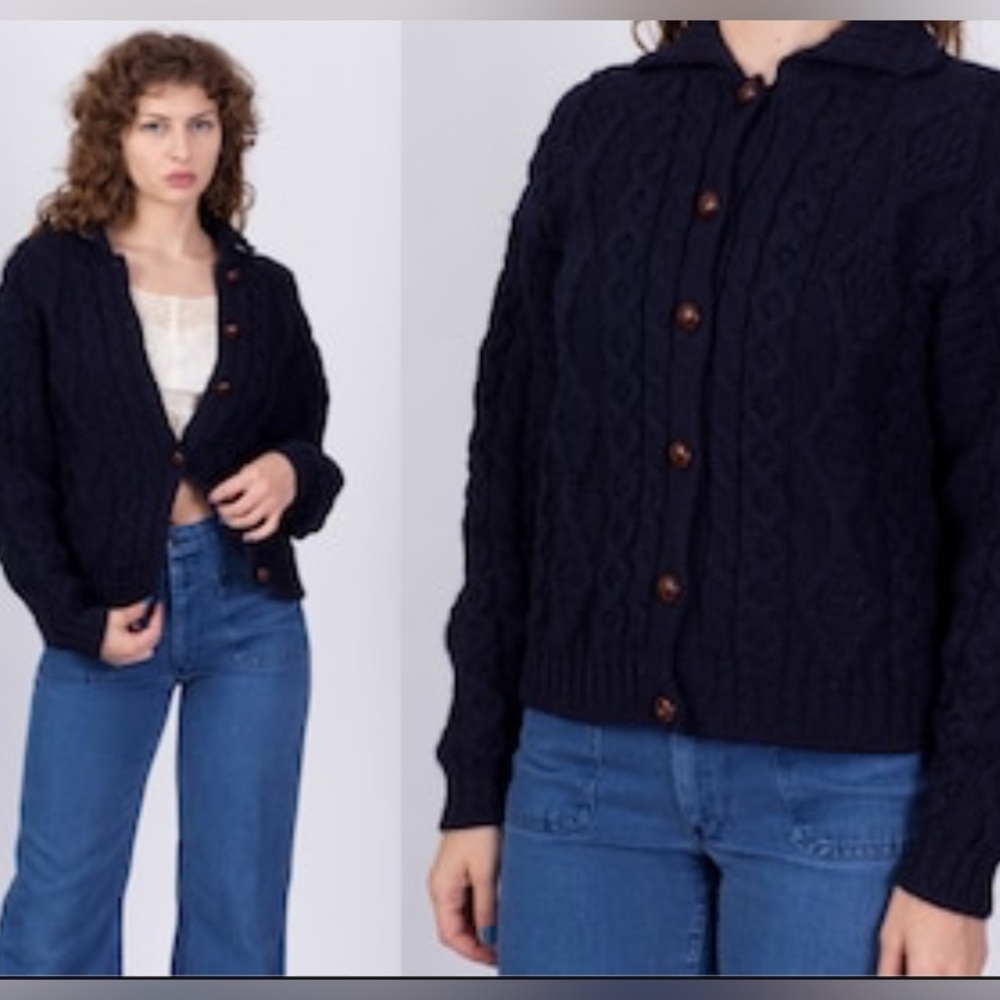 L.L. Bean Women's Navy Cable Knit Cardigan